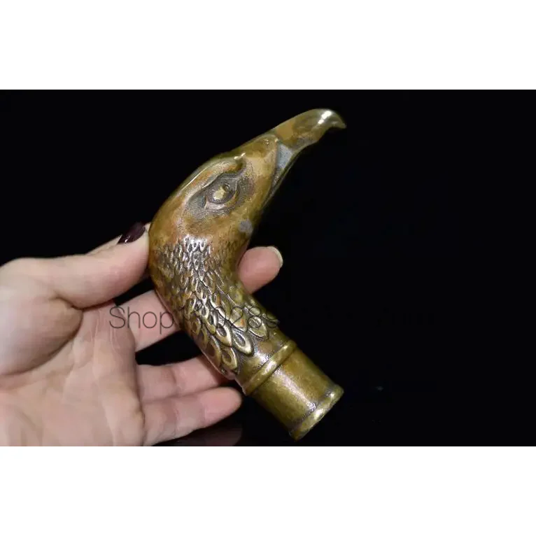 Chinese Brass Copper Hand carved Cane Walking Stick Head Handle eagle Statue