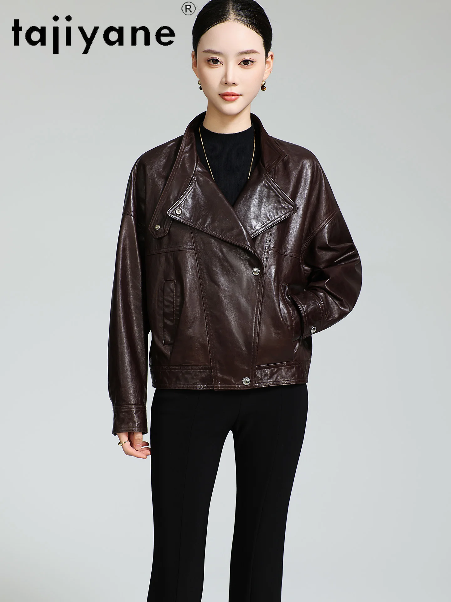 TAJIYANE chaqueta de piel de oveja auténtica para mujer, abrigo corto elegante de cuero genuino, prendas de vestir holgadas para mujer, ropa de otoño 2025 para mujer 