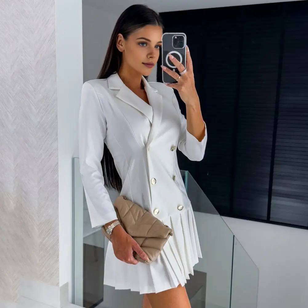 

Women Formal Dress Elegant Double-breasted Office Mini Dress with Pleated Hem V Neck for Women Formal Business Style Fall Spring