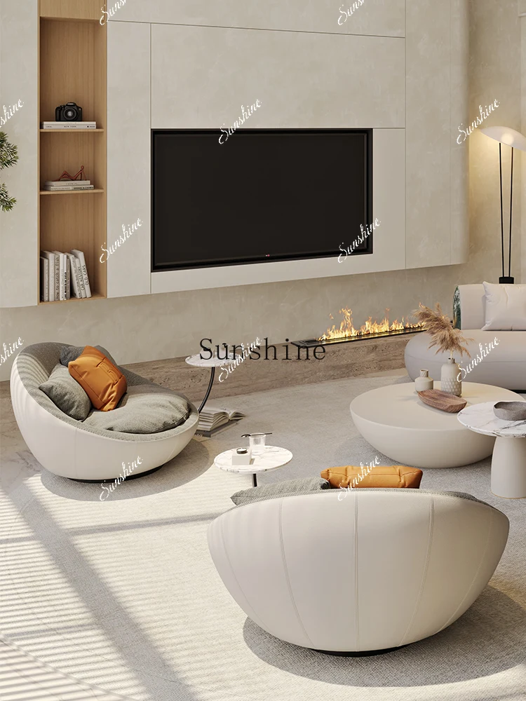 

eggshell sofa, minimalist Italian light luxury, high-end leather rotating sofa chair in a large flat-floor villa FT