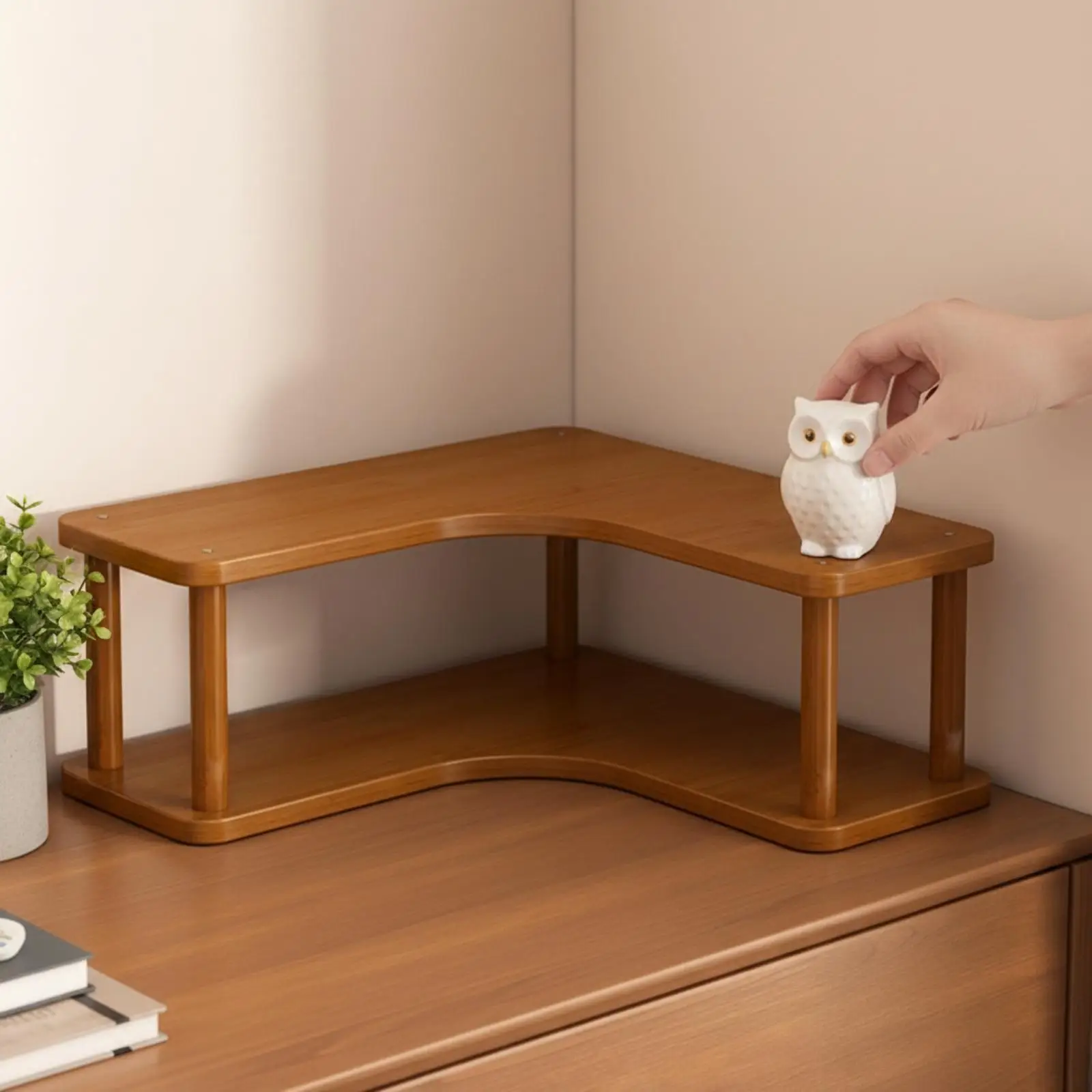 Bamboo L Corner Storage Shelf for Kitchen Dining Table Organizer 2 Tier Display Rack for Small Items