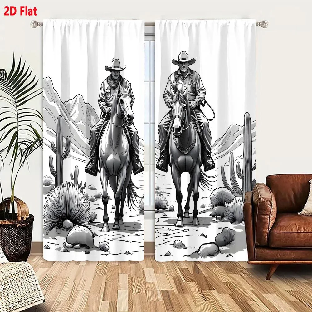 2Pcs Curtains Black And White Illustration Of Two Cowboys Riding Horses Through Desert Landscape With Cacti And Mountains Window