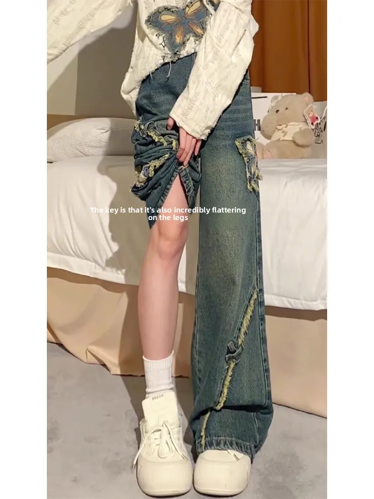 

Широкие джинсы с высокой талией и боковой молнией с вышивкой, женские весенне-осенние джинсы с ножвым подолом High Street