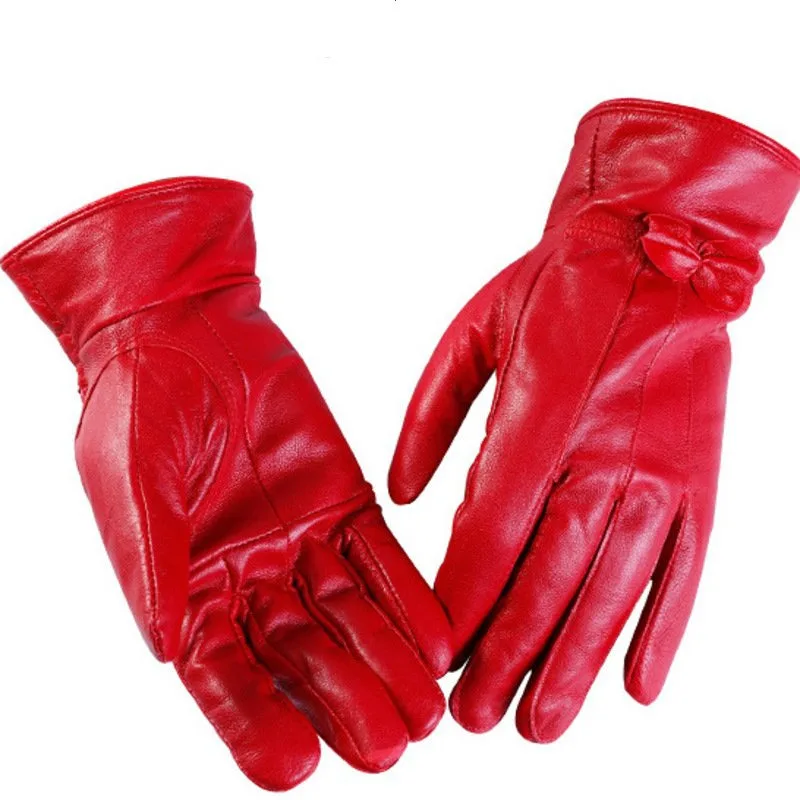 Ladies Sheepskin Gloves, Bow Decoration, Warm Plush Velvet Lining, Genuine Leather Glove, Outdoor Protection, Winter Fashion