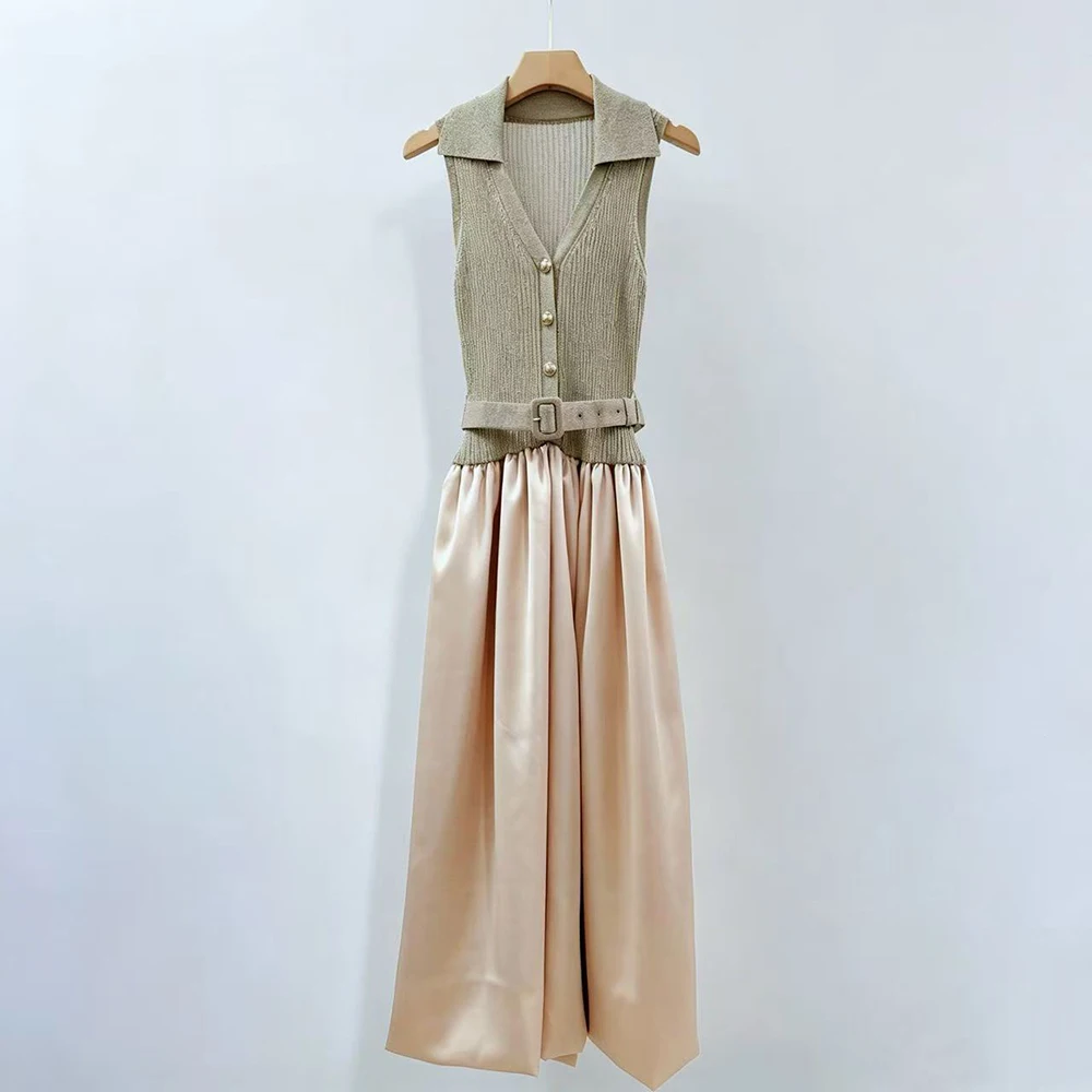 Women Sleeveless Knit Patchwork Midi Dress, Lapel V Neck Button Front Belted Waist A-line Long Dress, Elegant Ladies Party Casua