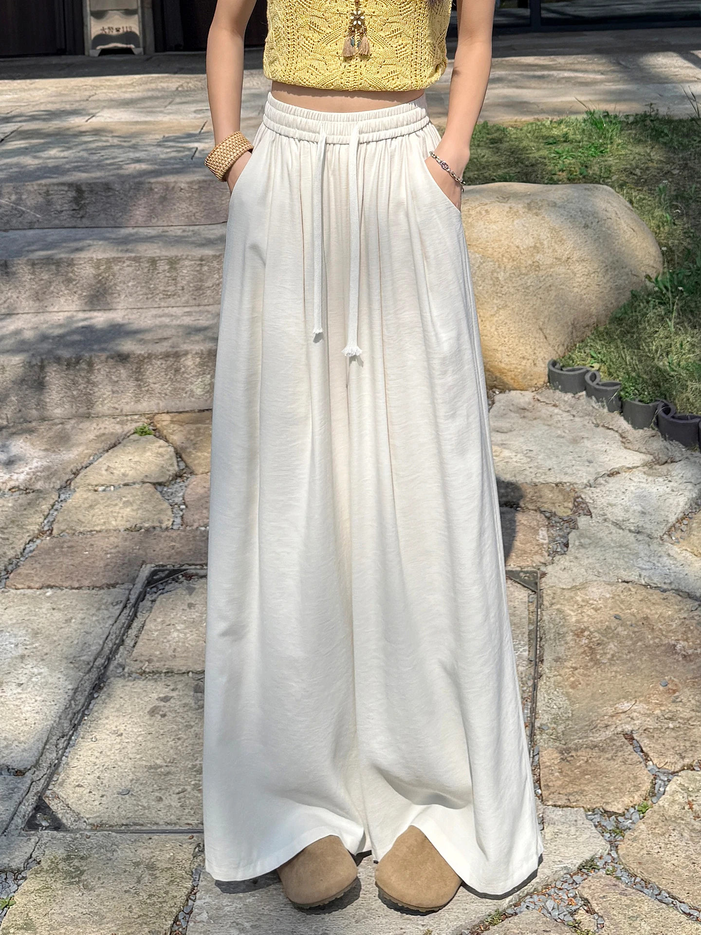 

Женские летние тонкие брюки-палаццо свободного кроя, повседневные прямые шелковые брюки-юбка в стиле Ямамото с высокой талией, комфортные