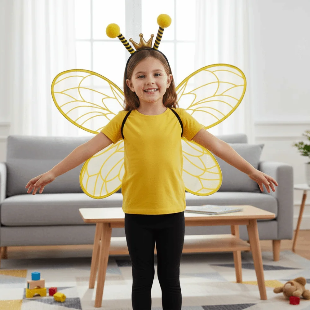 Bugs Bee Cosplay Wings Suit Insect Sparkle Yellow Bee Fly Wings Elastic Straps Handmade Craft Kids Party Wings