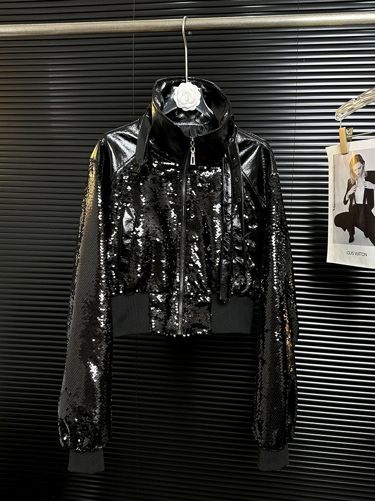 Schwere Industrie Blingbling Pailletten Schnürung gespleißte Leder kurze Jacke Damen Frühling und Herbst Temperament Mode Jacke