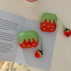 Cute Lovely White Polka Point Red Strawberry Glossy Earphones Cover Case for AirPods 1 2 3 4 Pro 2 Pro 3 with Charm Pendant
