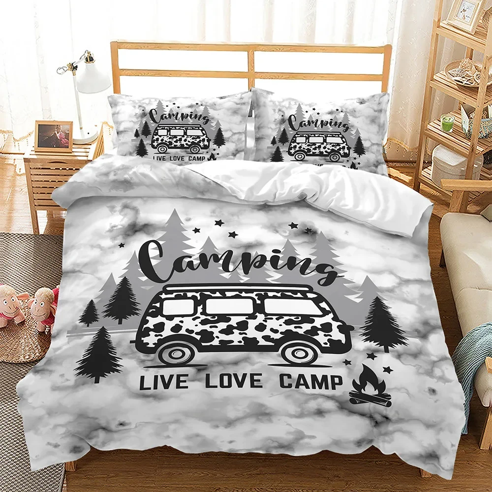 Camper Time Print Bedding Set 3D Camping Car Duvet Cover Travel Theme Cartoon Camping Comforter Cover Full King for Teens Adult