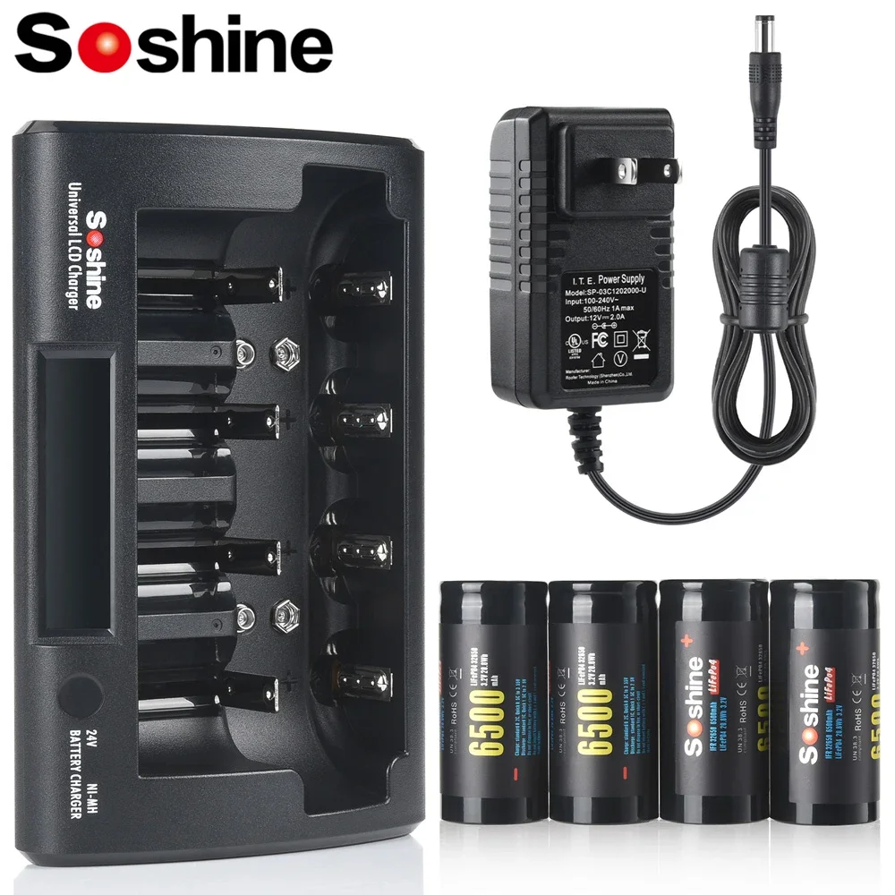 Soshine 3.2V 6500mAh Rechargeable Battery 32650 6500mAh LiFePO4 Batteries and 12V 2A LCD Ni-MH Li-ion LiFePO4 Universal Charger