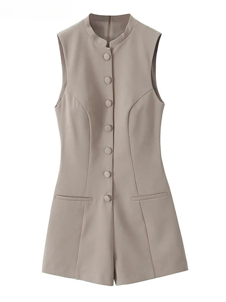 

Casual Sleeveless Women's Jumpsuit Solid Slim O-neck Single Breasted High Waist Jumpsuits Spring Summer Commuter Romper