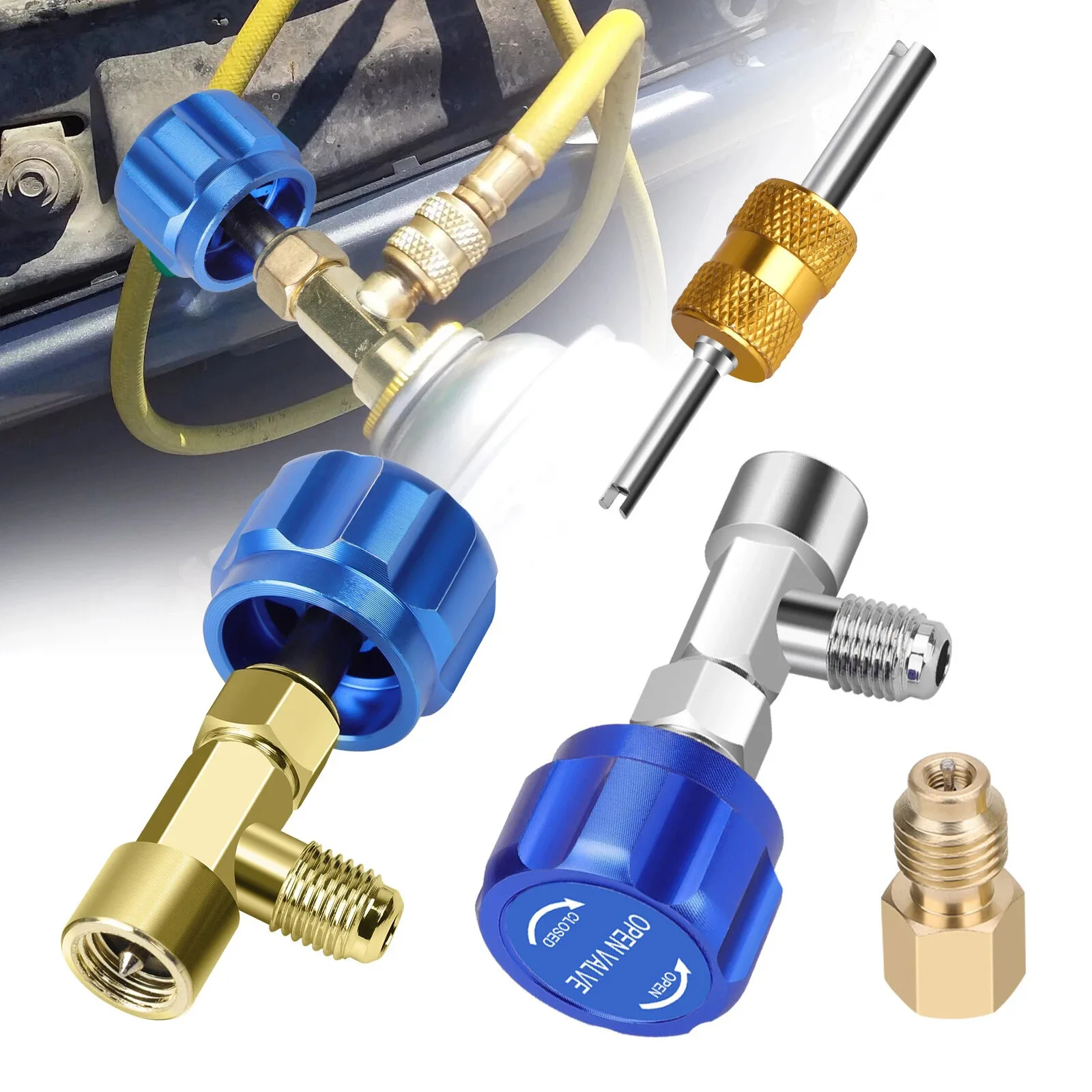

1PCS R1234YF Can Tap Valve Kit with Adapter & Core Remover Brass AC Charging Tool for Self-Sealing/Puncture Cans, 1/2" LH Thread