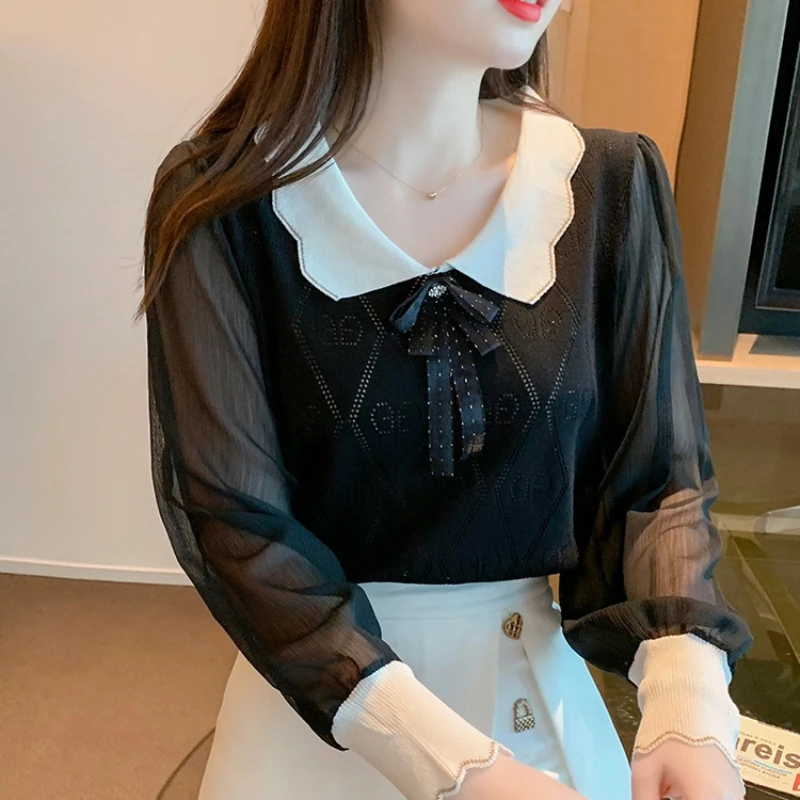 

Sweet Contrast Patchwork Youth Blouse Spring Autumn New Women Clothing Long Sleeve Solid Loose Elegant Shirt Tops Fashion Korean