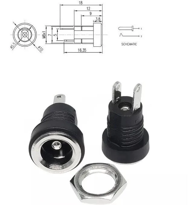 2/5/10 DC022b 5.5 x 2.1/5.5x2.5mm DC Female Power Jack Socket Supply Panel Mount dc 022 Connector Plug Adapter 2 Terminal Type