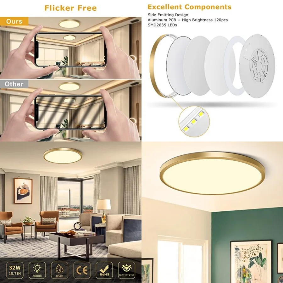 LED Flush Mount Ceiling Light Fixture, 32W 320W Equivalent,3800LM, 3000K Warm White, IP40, Flat Modern LED Ceiling Lights for B