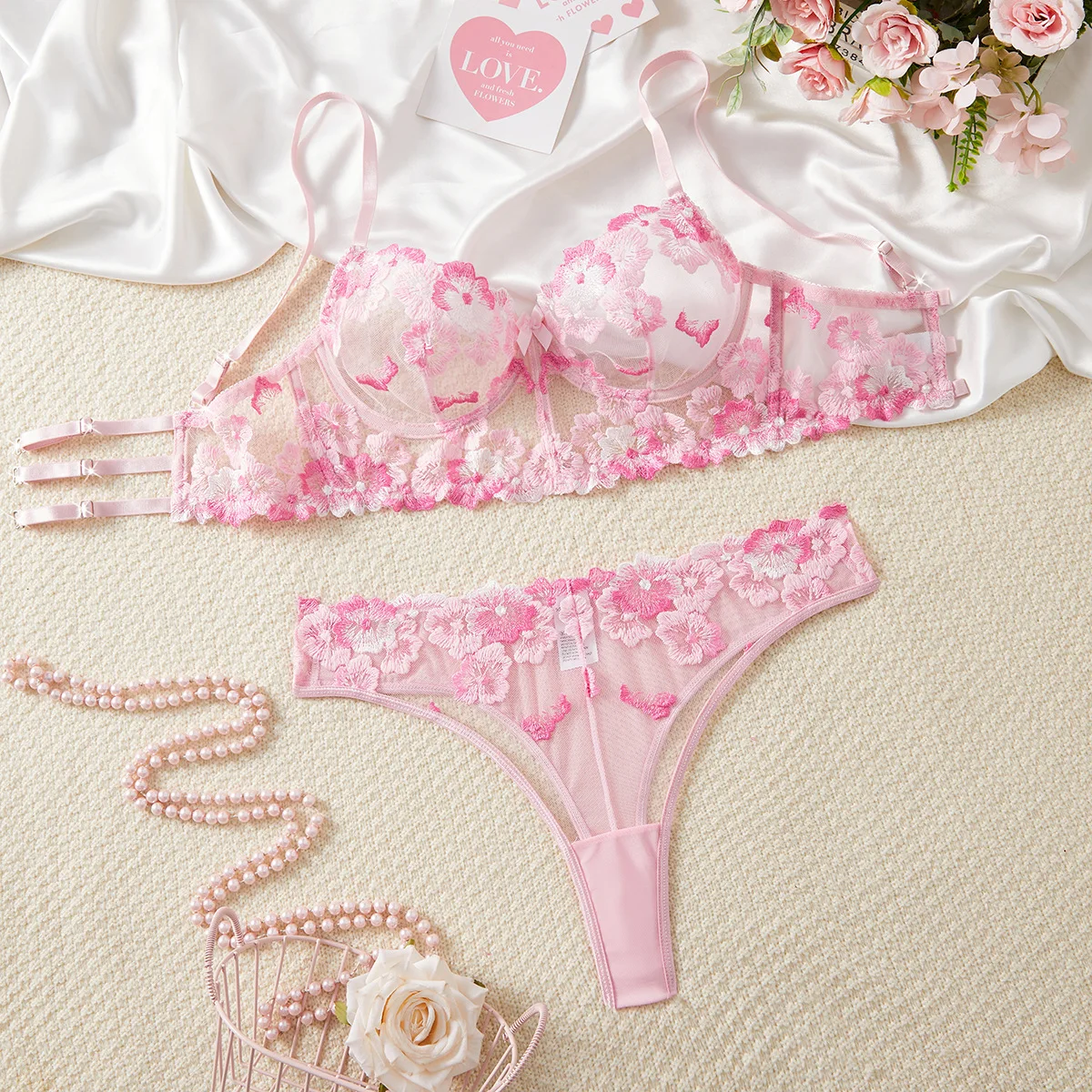

Sexy Lace Embroidery Flower Lingerie Women See Through Thong Set Sweet Pink Exotic Underwear Female Perspective Bra T-back Suit
