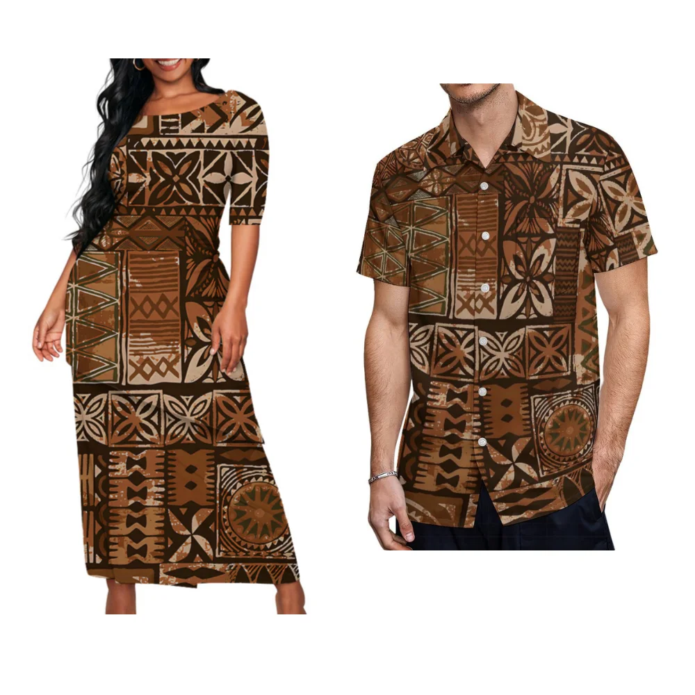 2024 Polynesian New Ladies Puletasi Custom Matching Men\'S Shirt Samoa Vintage Art Maxi Dress Set Samoa Couple Set