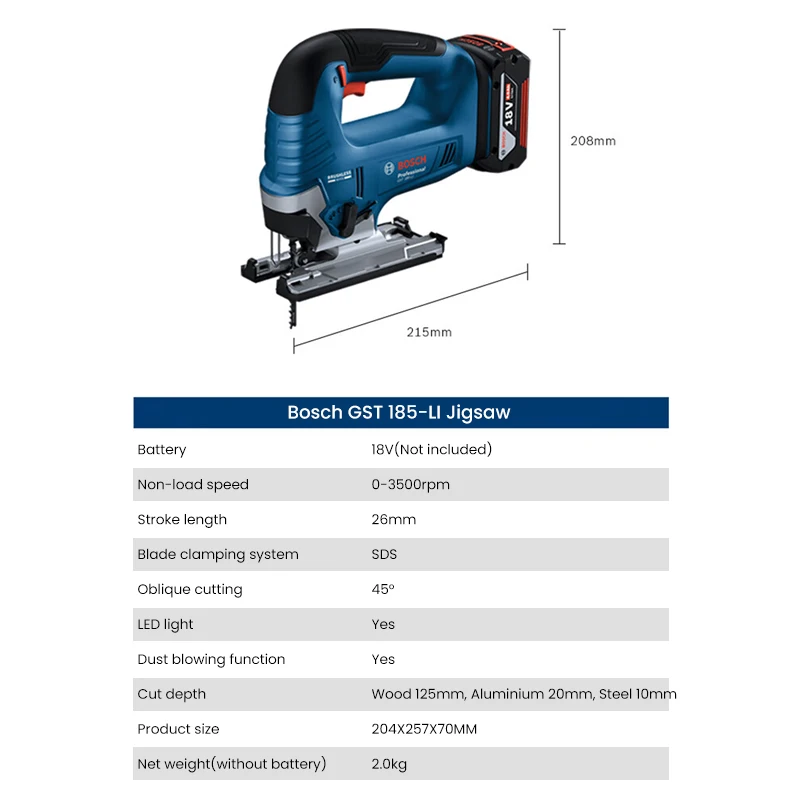 Bosch GST185 Li Cordless Jig Saw Brushless Electric Jigsaw 6-Speed 4-Position Orbital Setting Woodworking Saw Bosch Power Tool