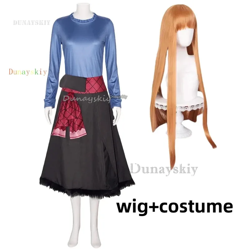 

qq023Holo Cosplay Anime Spice and Wolf Costume Blue Uniform Shirt Dress Wig Set Halloween Party RolePlay Outfit for Women