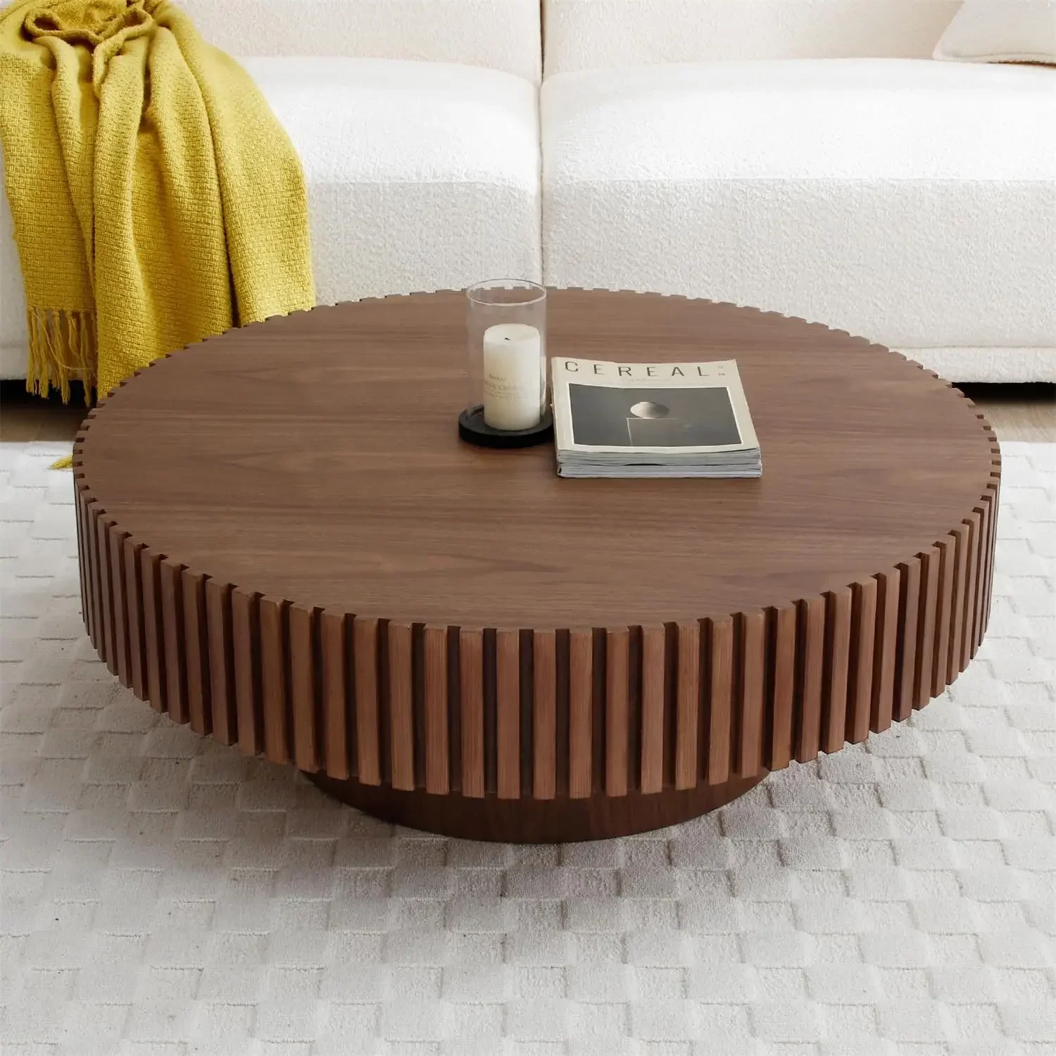 [Free Shipping!Hot Deal!]31.49'' Walnut Coffee Table Round Wood Modern Solid  Veneer Handcrafted Relief Tea  with Sturd