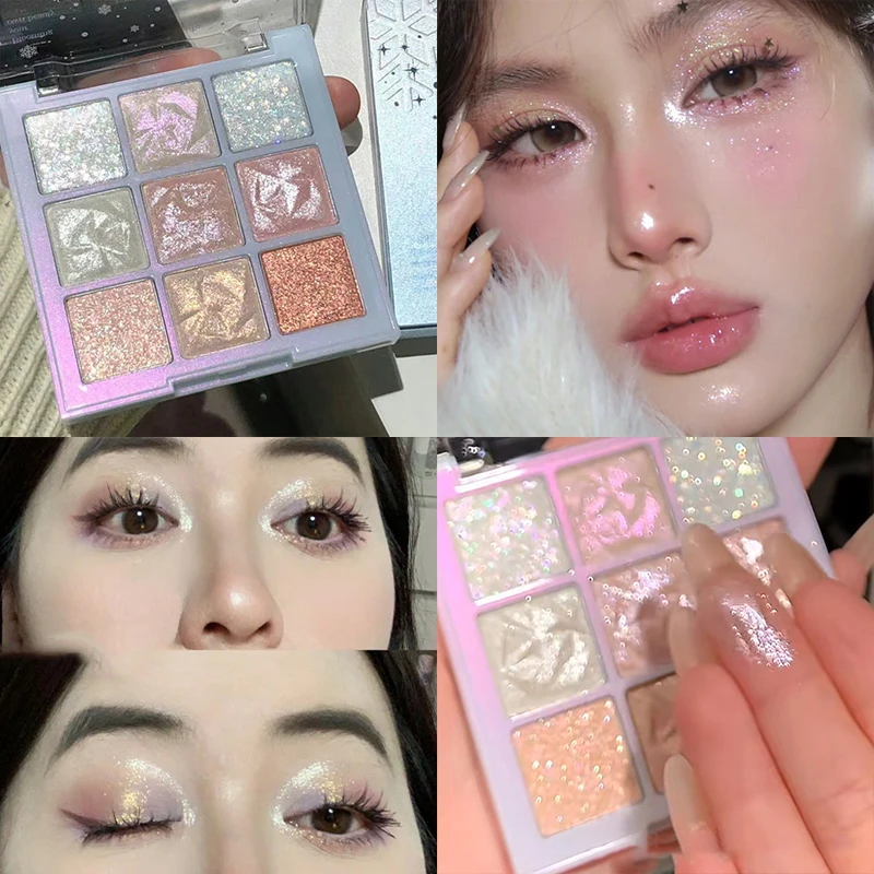 Snowflake Diamond Eyeshadow Palette 9-Color Polarization Glitter Flash Rose Pink Highlighter Brighten Shiny Eyes Makeup Tools