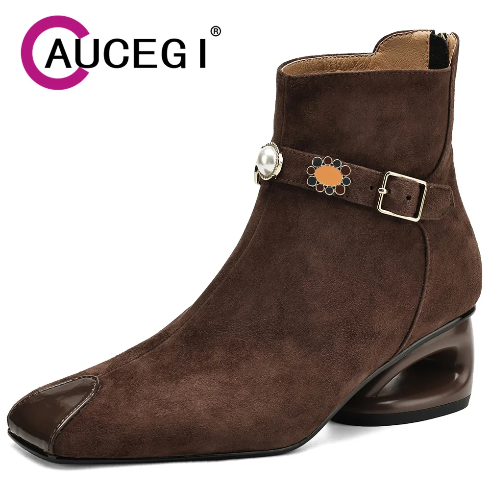

Aucegi Women New Brand Kid Suede Square Toe Ankle Boots Special-Shaped Thick Heels Retro Brown Black Zipper Dress Party Shoes