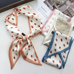 Sweet Strawberry Print Women Small Silk Scarf Handle Bag Ribbons Female Head Scarves Sharp Angle For Women  100*9cm