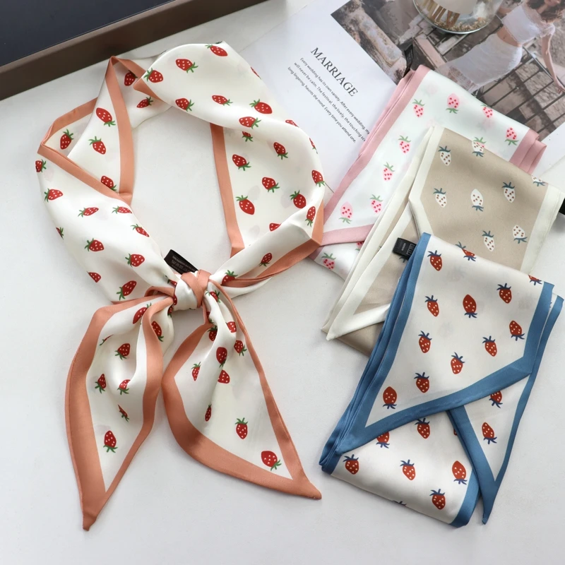 Sweet Strawberry Print Women Small Silk Scarf Handle Bag Ribbons Female Head Scarves Sharp Angle For Women  100*9cm