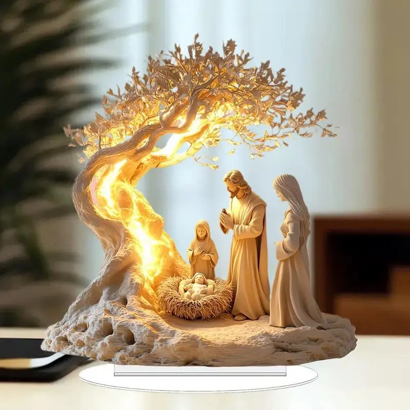 مشهد المهد على الطاولة في ديكور عيد الميلاد المسطح من الأكريليك يمثل ميلاد يسوع