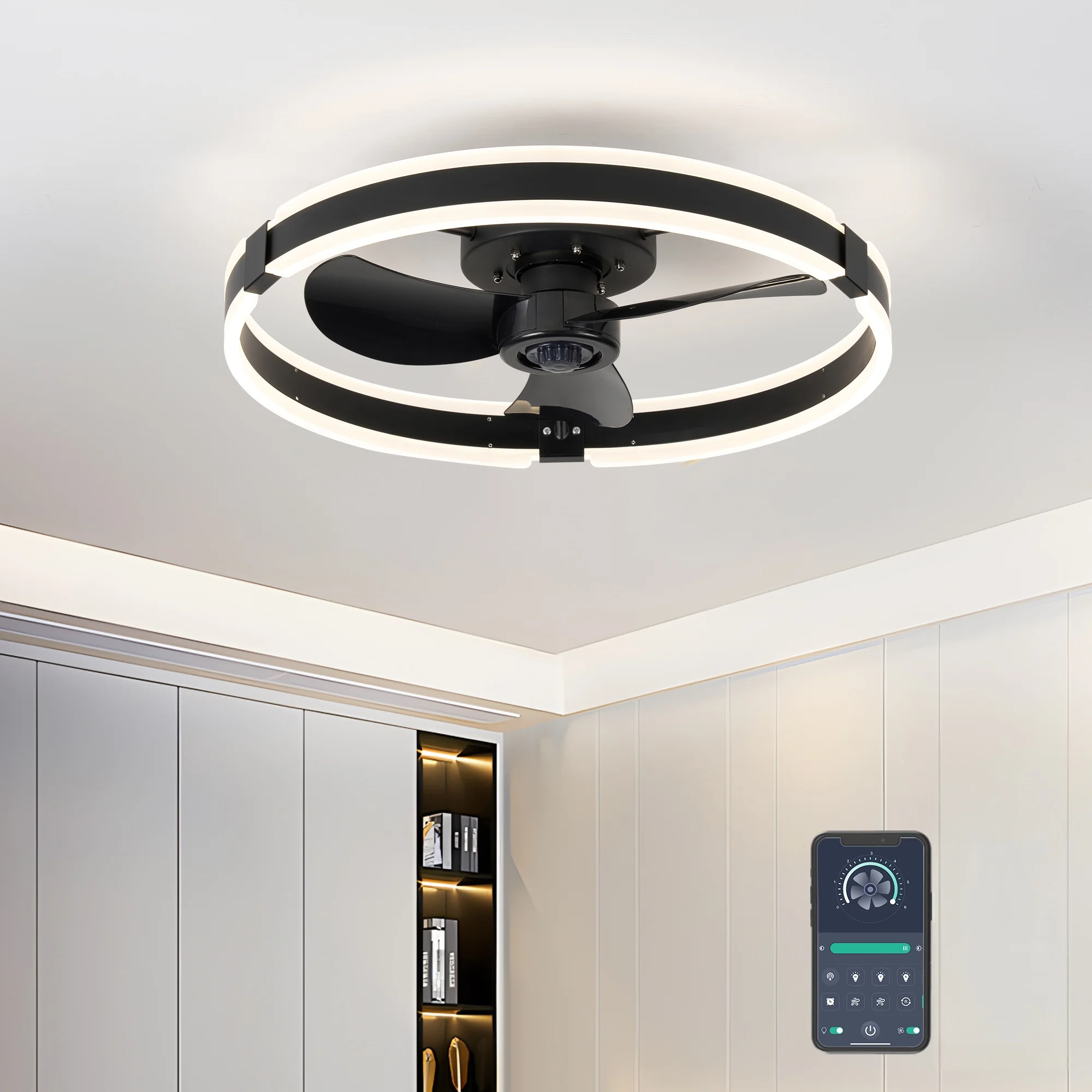 Embedded led ceiling fan, 3-blade with lights and remote control lamp, dimmable from 3000K to 6500K lighting.