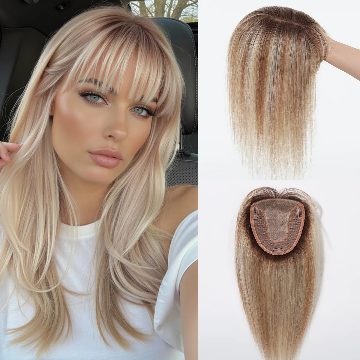 Brown Blonde Highlights Human Hair Toppers 5x5.5inch Silk Base Hair Pieces 14 inch Real Toppers with 3Clips for Women Hair Loss