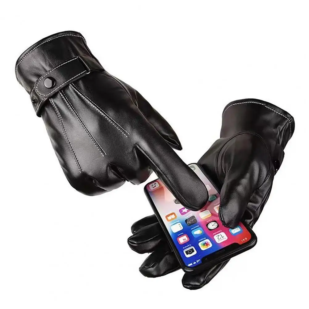 Thickened Plush Leather Gloves Men Touchscreen Gloves Motorcycle Wear Resistant Windproof Insulated Winter Gloves