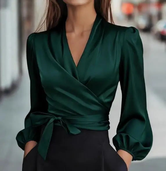 Effen kleur V-hals vetersluiting slim fit premium satijnen chiffon shirt voor dames, elegant en lantaarnmouwen woon-werkverkeer chiffon shirt