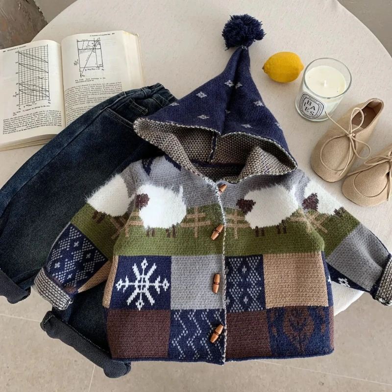 

Kids Spring Hooded Cardigan, Boys Girls Fashion Retro Lamb Knit Sweater & Top