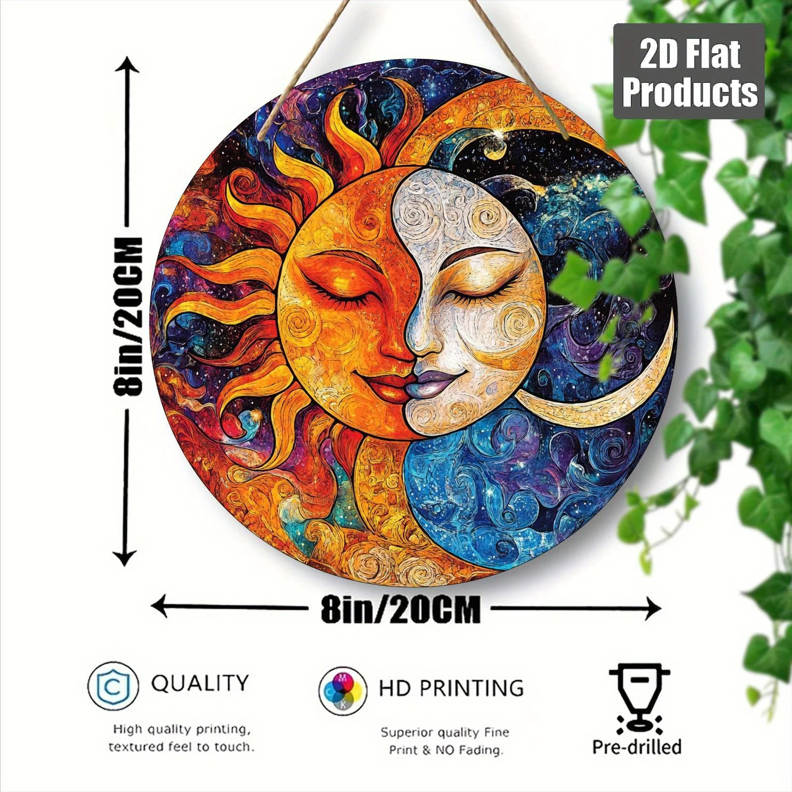 2D Flat, 1pc Sun & Moon Logo Circular Wood Wall/Desk Decor - Artificial Regenerated Wood Plaque Suitable for Home, Cafe, Farmhou