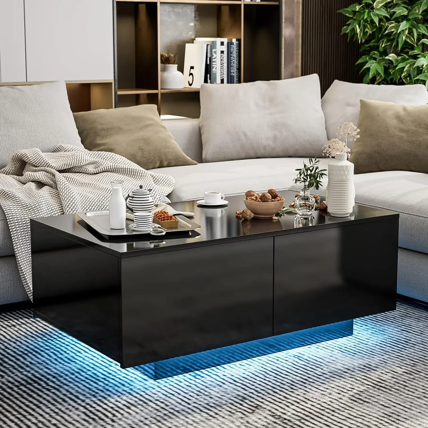 

Modern LED Coffee Table w/4 Drawers, High Glossy Center Table with 16 Colors LED Lights for Home Living Room, Rectangular