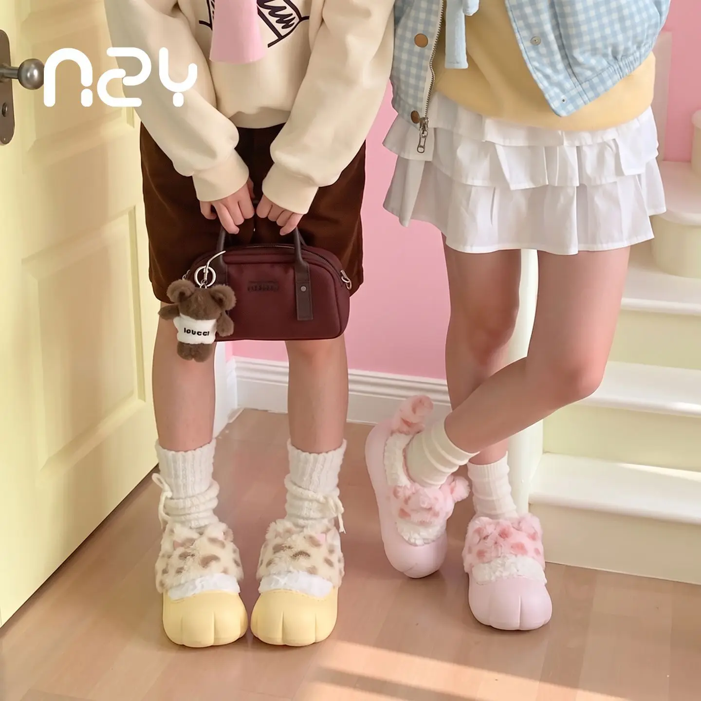 Child Y2K Women Cat Paw Slippers Spotted Leopard Cat Ears Fluffy Winter Slippers Waterproof Thick Sole Indoor Outdoor House Foot