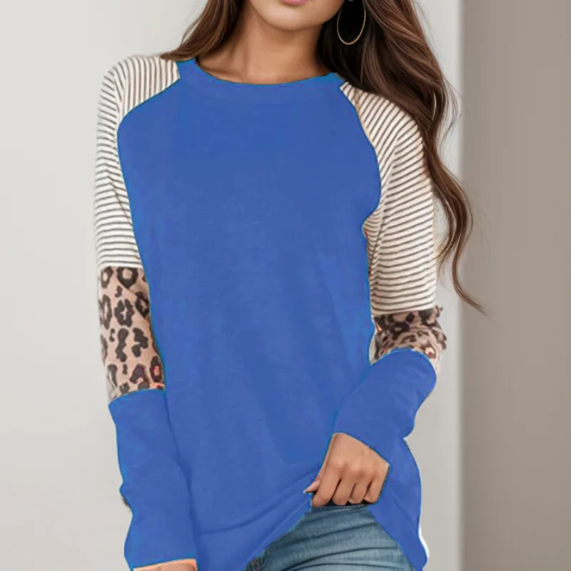 Damen-T-Shirt mit Leopardenmuster, farbigen Streifen, Rundhalsausschnitt und langen Ärmeln, im europäischen und amerikanischen Stil, Herbstmode für Damen.