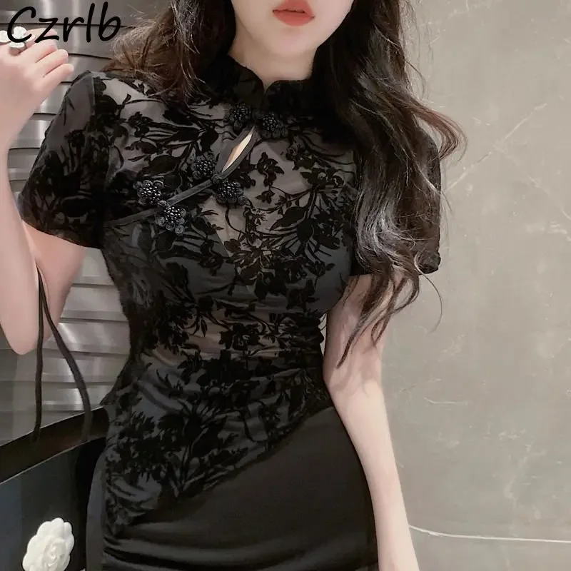 Chinesischen Stil Sommer Shirts Frauen Unregelmäßige Dünne Sheer Sexy Floral Entwickelt Kurzhülse Elegante Dame Vintage Ästhetischen Definiert