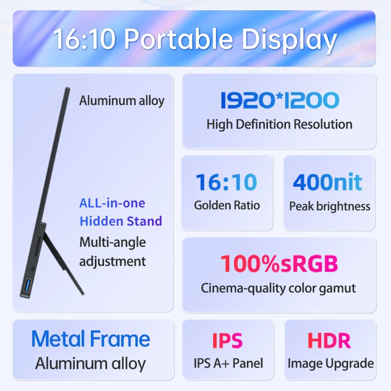 Imagem -02 - Monitor Portátil Fhd 1920x1200p 100 Hdr Escritório 16:10 Display de Viagem para Telefone Laptop Switch Xbox Macbook