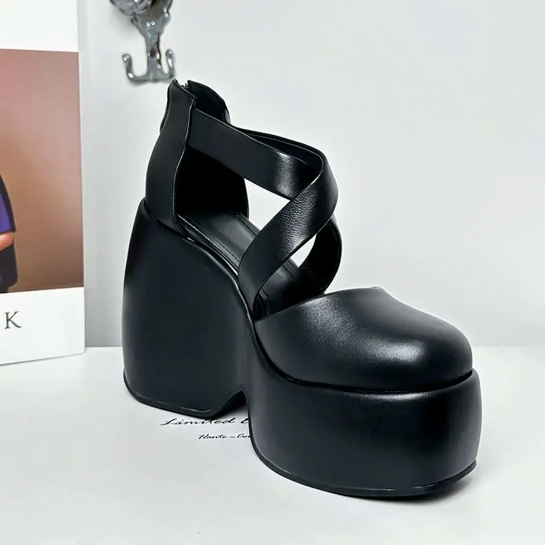 القش المنسوجة صندل خشبي مع نعل سميك الإسفنج كعكة الباليه جولة تو حزام مشبك وكعب عالٍ فارغ للنساء zapatos mujer