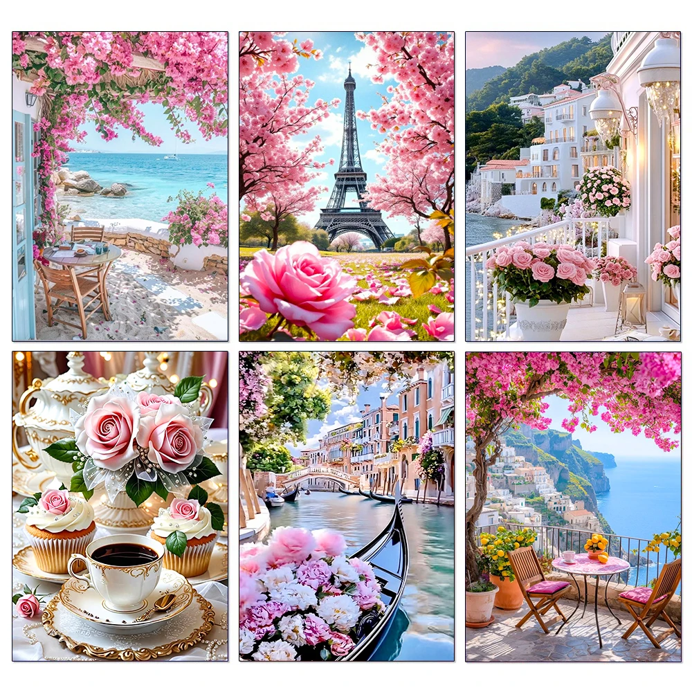 European Architecture Diamond Painting Cherry Blossom Mosaic Embroidery DIY Landscape Cross Stitch Living Room Art Wall Decor