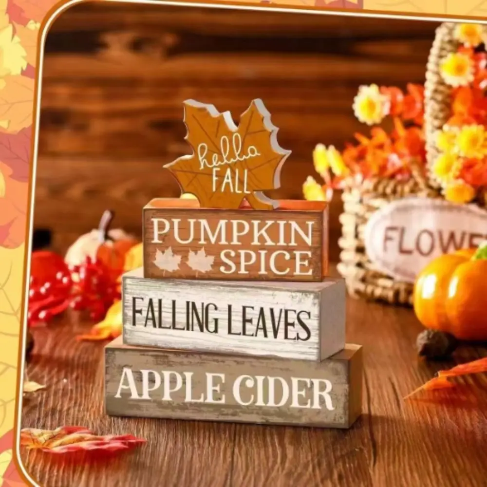 

4Pcs Wooden Christmas Table Decoration Tiered with Block Signs Maple Leaf Tiered Trays Rustic Table Centerpiece Tabletop Display