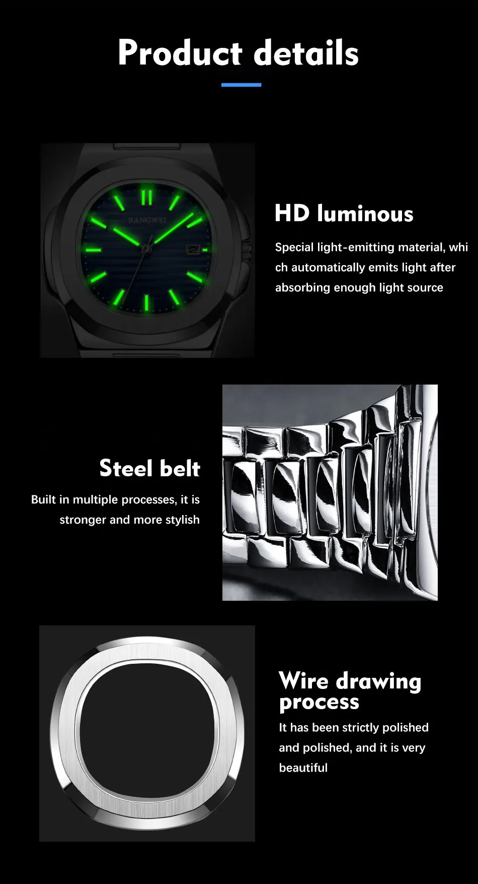 BANGWEI Modische Quadratische Quarz-Herrenuhr Wasserdicht Leuchtend mit Datumsanzeige Edelstahl-Uhren für Männer Luxuriöse Business-Herrenarmbanduhr – Detail 9