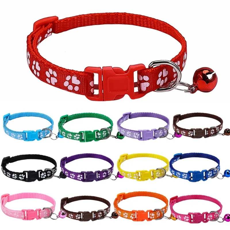 Pet Collar With Bell Cartoon Footprint Colorful Dog Puppy Cat Accessories Kitten Collar Adjustable Safety Bell Ring Necklace Pet