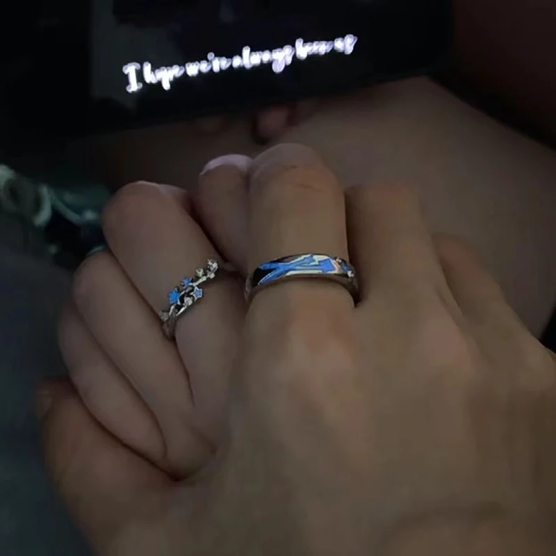 2Pc Luminous Star Adjustable Finger Ring Vintage Luxury Love Couples Rings Glow In Dark Y2K Jewelry Valentine\'s Day Gift