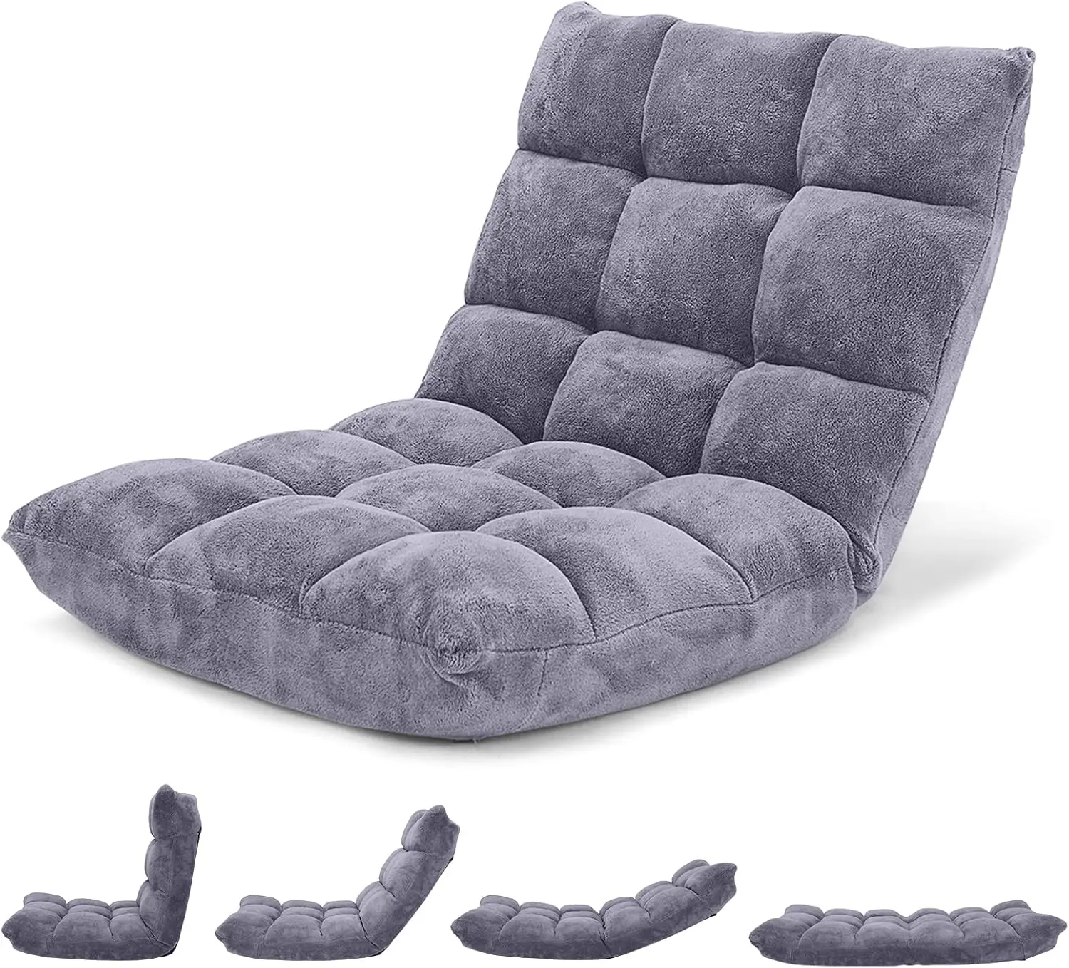 Floor Chair with Back Support, Folding Sofa Chair with 14 Adjustable Position, Padded Sleeper Bed, Couch Recliner Grey