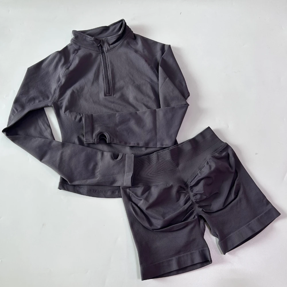 Pericic 2-teiliges Langarm-Yoga-Set für Damen, Halb-Reißverschluss-Jacke, Langarm-Sporttop, Gym-Shorts, Fitnessanzüge, Laufjacken, Workout-Set – Detail 20