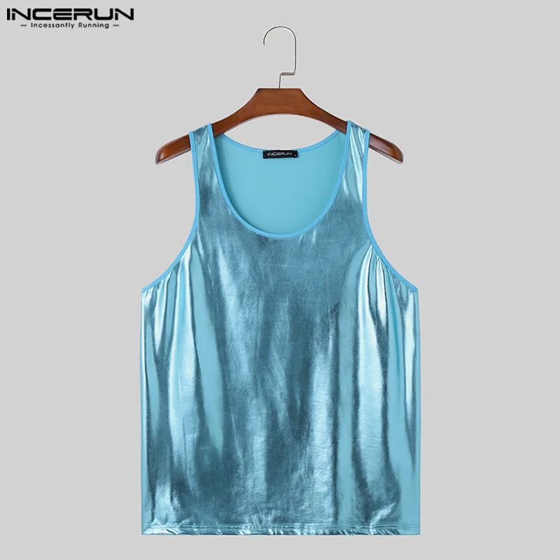 INCERUN Men Tank Tops Solid Color O-neck Sleeveless Shiny Summer Male Vests Streetwear 2024 Party Fashion Men Clothing S-5XL